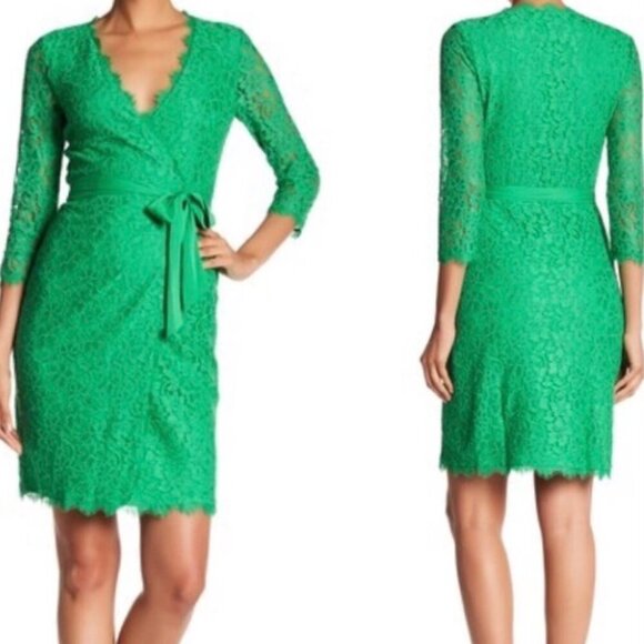 Diane Von Furstenberg DVF Julianna Lace Wrap Dress Green 3/4 Sleeve Size 10 - Picture 1 of 15
